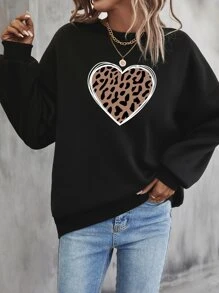 SHEIN LUNE Pullover con estampado de leopardo y corazón de hombros caídos