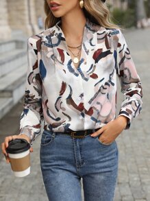 SHEIN Clasi Graphic Print Lapel Collar Shirt - Multicolor - View 5