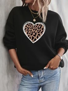 SHEIN LUNE Pullover con estampado de leopardo y corazón de hombros caídos