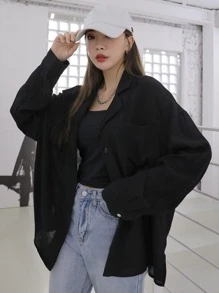 DAZY Patched Pocket Drop Shoulder Shirt - Black - View 1