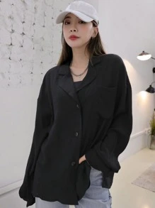DAZY Patched Pocket Drop Shoulder Shirt - Black - View 4