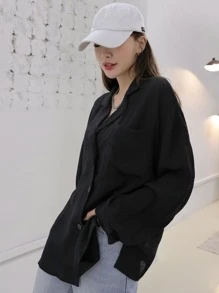 DAZY Patched Pocket Drop Shoulder Shirt - Black - View 5