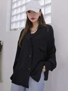 DAZY Patched Pocket Drop Shoulder Shirt - Black - View 7
