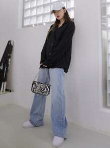 DAZY Patched Pocket Drop Shoulder Shirt - Black - View 8