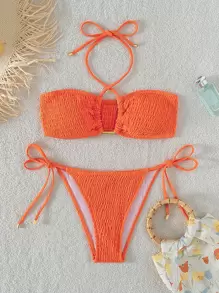 SHEIN Swim Đập Dây Bras & Quần lót Thong Đáy 2 mảnh Bộ đồ tắm - trái cam - Xem 1