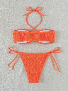 SHEIN Swim Đập Dây Bras & Quần lót Thong Đáy 2 mảnh Bộ đồ tắm - trái cam - Xem 2