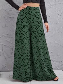 SHEIN LUNE 高腰斑點寬腿褲子 - 墨綠色 - 查看 5
