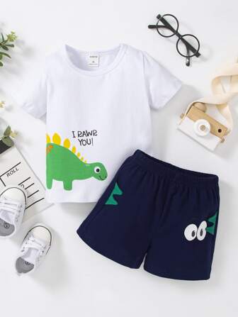 شورت مرقع مع تي شيرت بجرافيك رسوم كارتون للاولاد الرضع