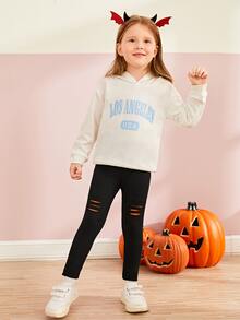 Toddler Girls 2pcs Halloween Print Ripped Leggings - Black - View 3