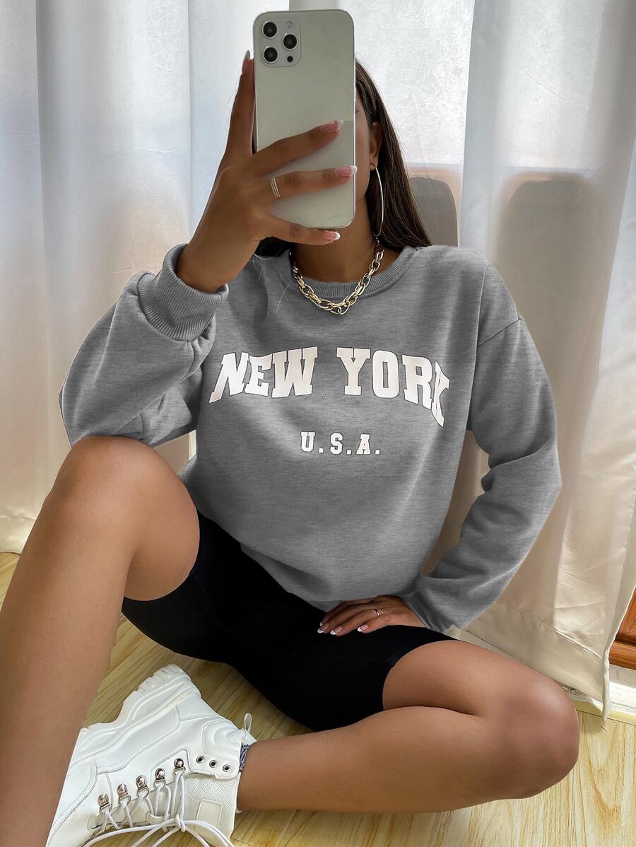 SHEIN Unity Drop Shoulder Letter Graphic Pullover,Long Sleeve Tops Fall - Grey - View 1