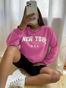 SHEIN Unity Drop Shoulder Letter Graphic Pullover Fall - Pink - View 1