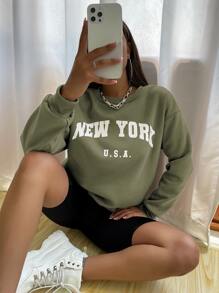 SHEIN Unity Drop Shoulder Letter Graphic Pullover,Long Sleeve Tops  Fall Outfit - Army Green - View 1