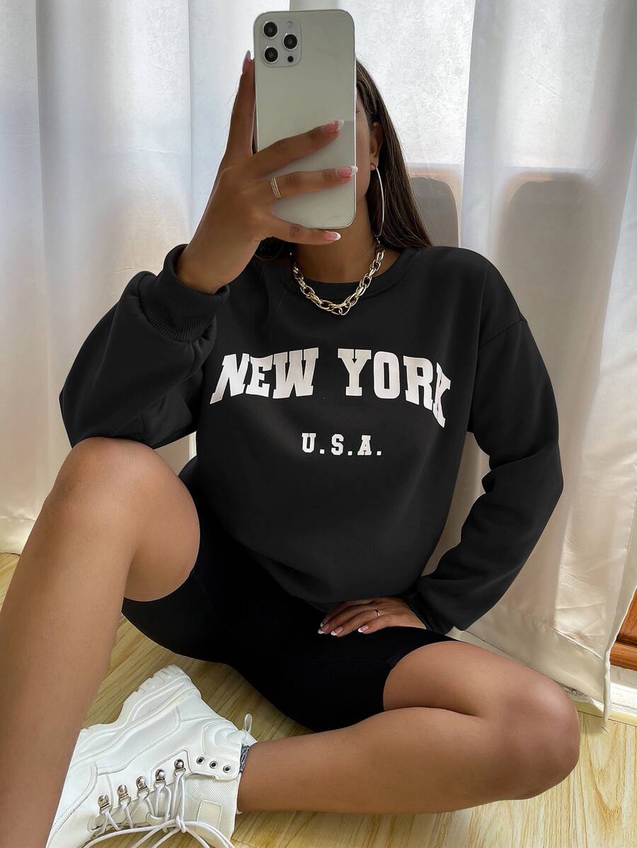 Flirla Drop Shoulder Letter Graphic Pullover,Long Sleeve Tops Graduation,Back To School Outfits,Graduation,Teacher Outfits For Women,Back To School  Fall Outfit - Black - View 1