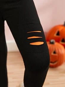 Toddler Girls 2pcs Halloween Print Ripped Leggings - Black - View 6