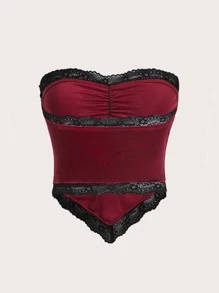 ROMWE PUNK Áo nữ Bất đối xứng Tương phản ren Cao thấp Nếp gấp Phần Ngực Khối Màu Hấp dẫn - Màu Đỏ Sâu - Xem 2