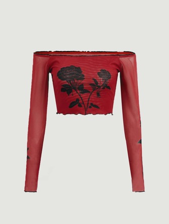 Rose Print Off Shoulder Crop Mesh Top