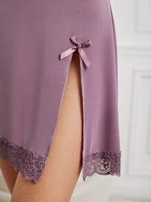 Lace Trim Bow Front Split Hem Cami Nightdress - Mauve Purple - View 5