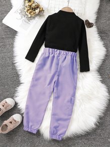 小女童小高領T恤和搭扣織帶工裝褲 - 彩色 - 查看 2