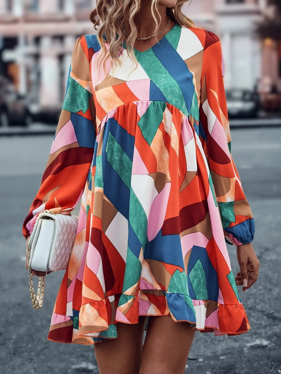SHEIN LUNE Geo Print Lantern Sleeve Ruffle Hem Smock Dress - Multicolor - View 1