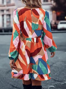 SHEIN LUNE Geo Print Lantern Sleeve Ruffle Hem Smock Dress - Multicolor - View 2