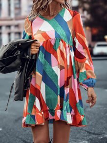 SHEIN LUNE Geo Print Lantern Sleeve Ruffle Hem Smock Dress - Multicolor - View 3