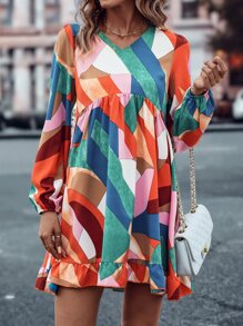 SHEIN LUNE Geo Print Lantern Sleeve Ruffle Hem Smock Dress - Multicolor - View 4