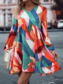 SHEIN LUNE Geo Print Lantern Sleeve Ruffle Hem Smock Dress - Multicolor - View 5