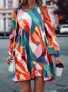 SHEIN LUNE Geo Print Lantern Sleeve Ruffle Hem Smock Dress - Multicolor - View 6