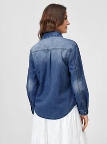 SHEINBlues 漂白水洗翻蓋口袋牛仔襯衫 - 深色水洗藍 - 查看 2