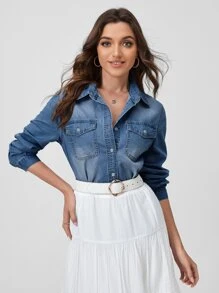 SHEINBlues Áo khoác denim nữ Túi Nút phía trước màu trơn Giải trí - Rửa trung bình - Xem 1