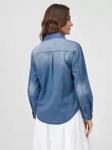 SHEINBlues Áo khoác denim nữ Túi Nút phía trước màu trơn Giải trí - Rửa trung bình - Xem 2