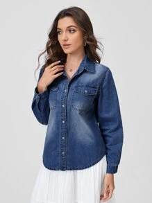 SHEINBlues 漂白水洗翻蓋口袋牛仔襯衫 - 深色水洗藍 - 查看 4