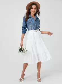 SHEINBlues Áo khoác denim nữ Túi Nút phía trước màu trơn Giải trí - Rửa trung bình - Xem 3