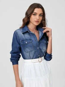 SHEINBlues 漂白水洗翻蓋口袋牛仔襯衫 - 深色水洗藍 - 查看 5