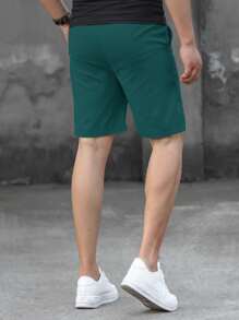 Manfinity Homme Loose Fit Men's Letter Patch Drawstring Waist Shorts - Dark Green - View 2