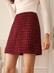 SHEIN Frenchy Plaid Tweed Mini Skirt - Maroon - View 3