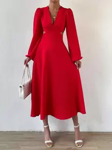 Chiquease Plunging Neck Cut Out Waist Bishop Sleeve Dress - Red - View 1