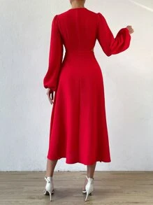 Chiquease Plunging Neck Cut Out Waist Bishop Sleeve Dress - Red - View 2