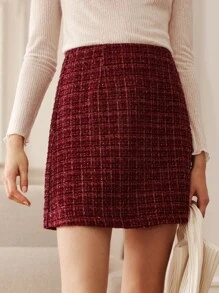 SHEIN Frenchy Plaid Tweed Mini Skirt - Maroon - View 6