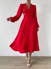 Chiquease Plunging Neck Cut Out Waist Bishop Sleeve Dress - Red - View 3