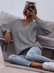SHEIN LUNE Drop Shoulder Pointelle Knit Sweater - Light Grey - View 1