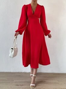 Chiquease Plunging Neck Cut Out Waist Bishop Sleeve Dress - Red - View 4