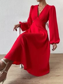 Chiquease Plunging Neck Cut Out Waist Bishop Sleeve Dress - Red - View 5