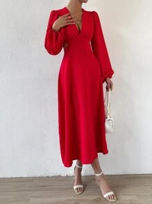 Chiquease Plunging Neck Cut Out Waist Bishop Sleeve Dress - Red - View 6