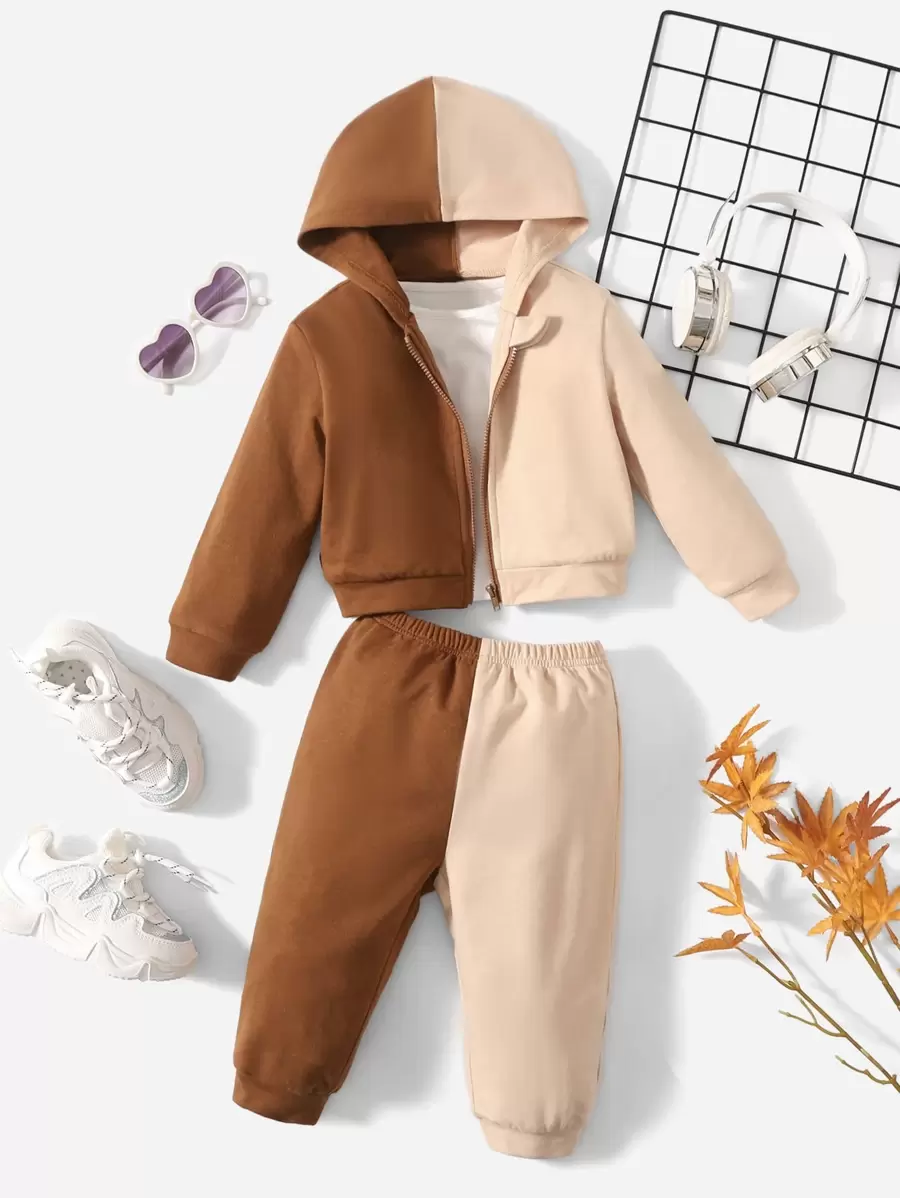 SHEIN 嬰兒雙色拉鏈連帽衫和運動褲不帶T恤 - 彩色 - 查看 1