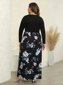 Plus Floral Print Hidden Pocket Scoop Neck Dress - Black - View 2