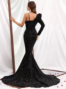 不對稱領亮片舞會洋裝 - 黑色 - 查看 2