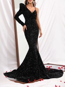 不對稱領亮片舞會洋裝 - 黑色 - 查看 5