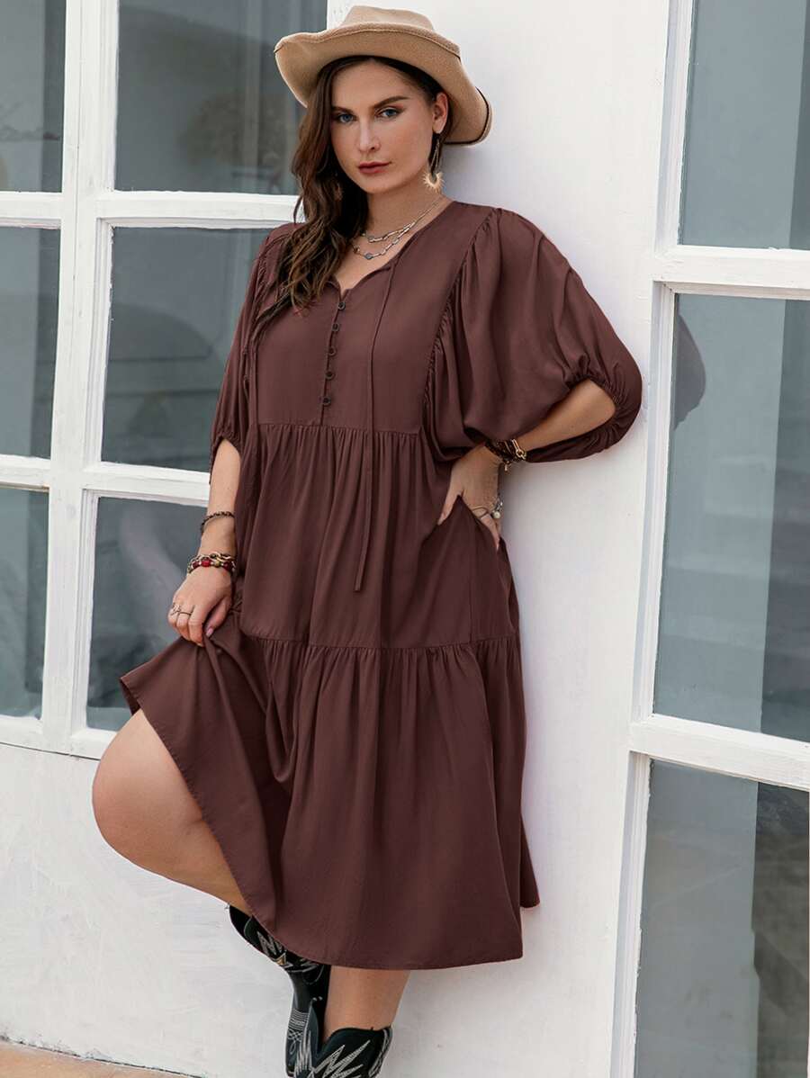 Rusttydustty Đầm Plus Size Dây kéo Nút phía trước màu trơn Giải trí - Cà phê nâu - Xem 1