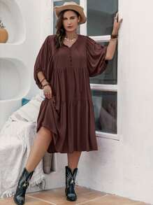 Rusttydustty Đầm Plus Size Dây kéo Nút phía trước màu trơn Giải trí - Cà phê nâu - Xem 3